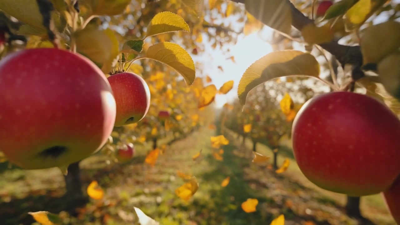 Red Apples Hanging on Tree Branches in Autumn Orchard