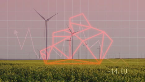 wind turbines in field with red geometric shapes and grid animation over landscape