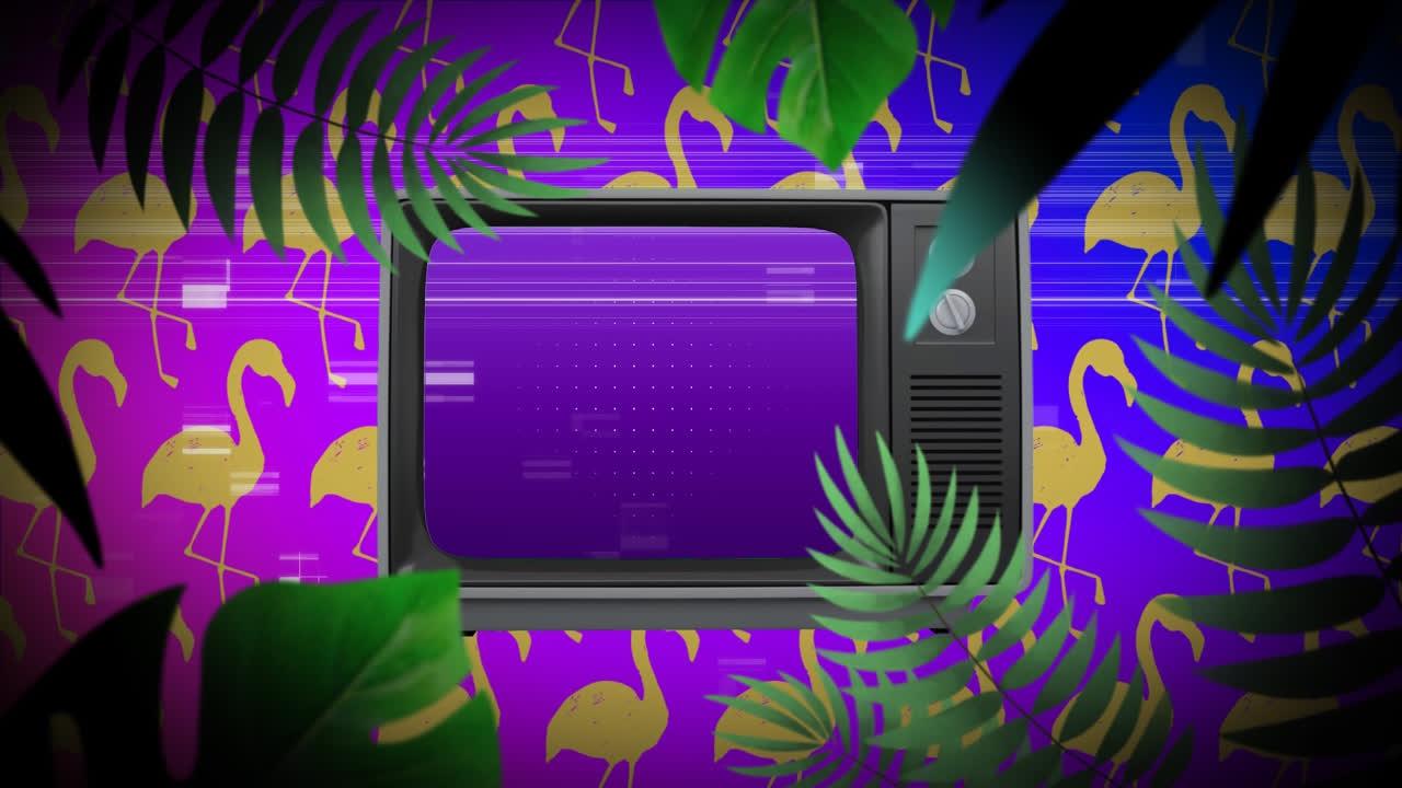 Animation of plants and flamingos over vintage tv