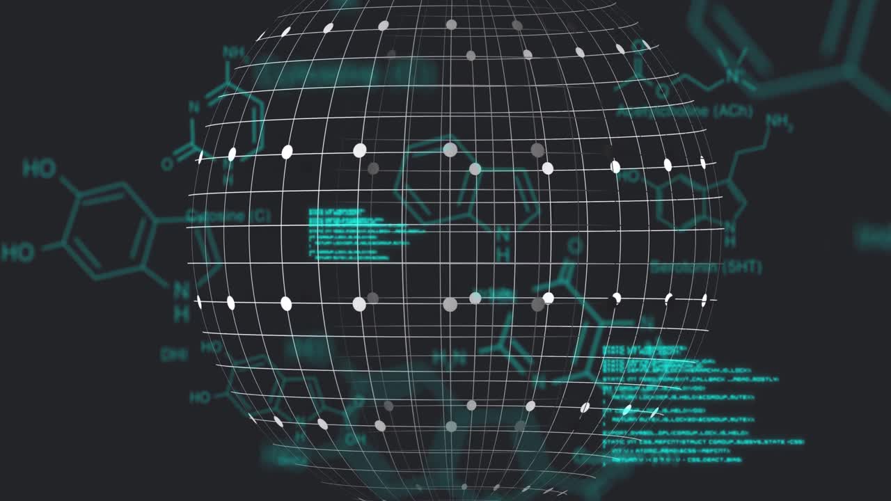 Animation of globe over chemical formulas and data processing on black background
