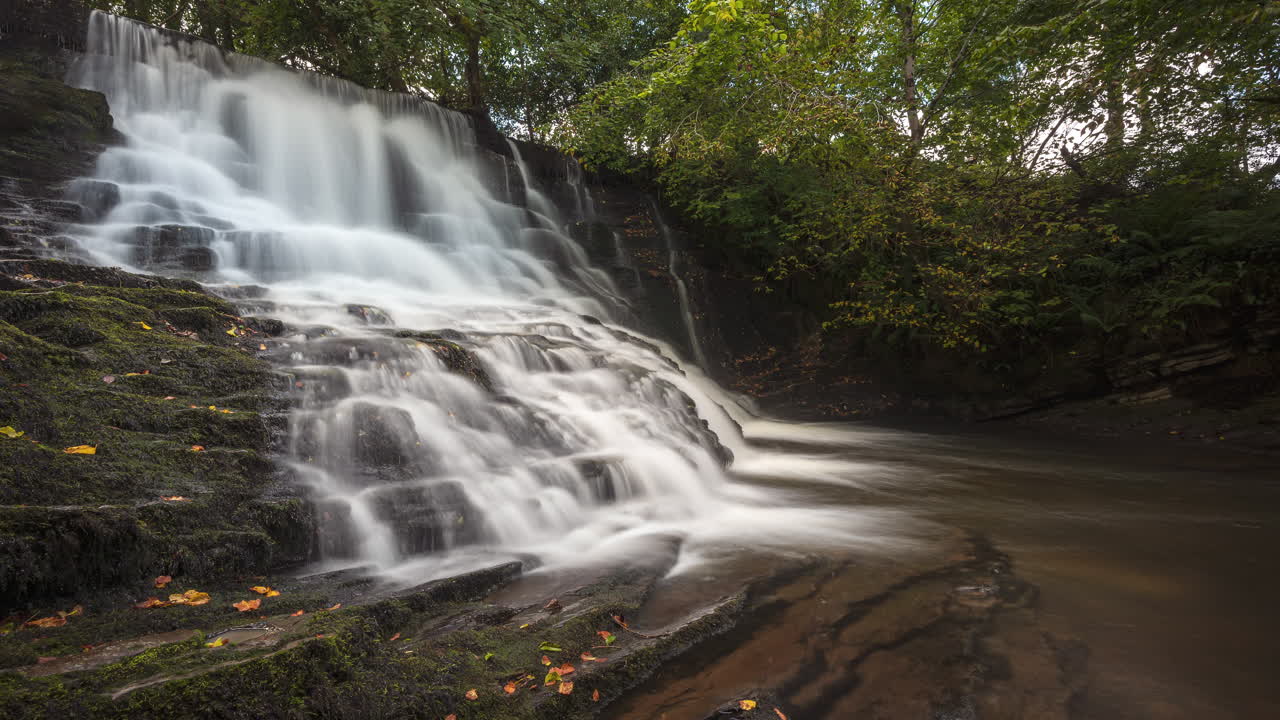 lapso de tiempo de la cascada del bosque en el paisaje rural durante el otoño en irlanda