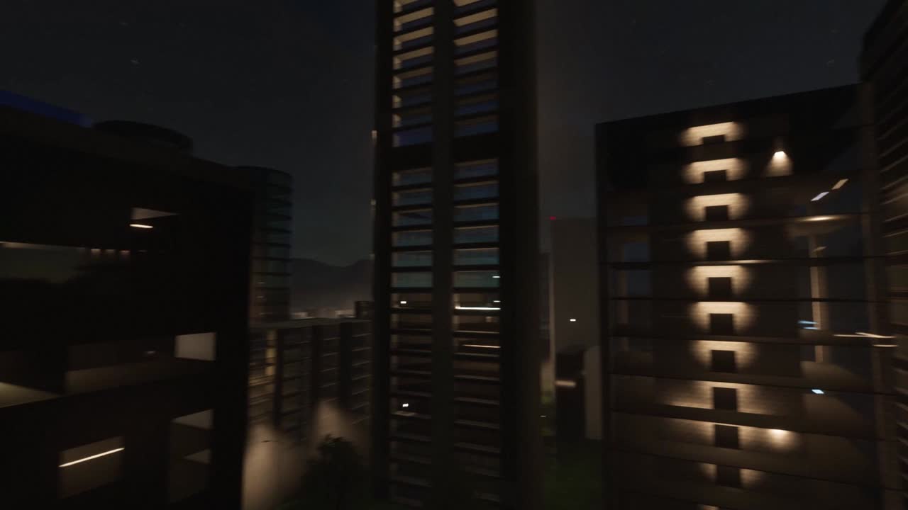 la realidad virtual, una animación de la ciudad de un centro de la ciudad, se centra en edificios de gran altura con personas dentro de ellos disfrutando de la vida nocturna, mientras la cámara se aleja de los edificios