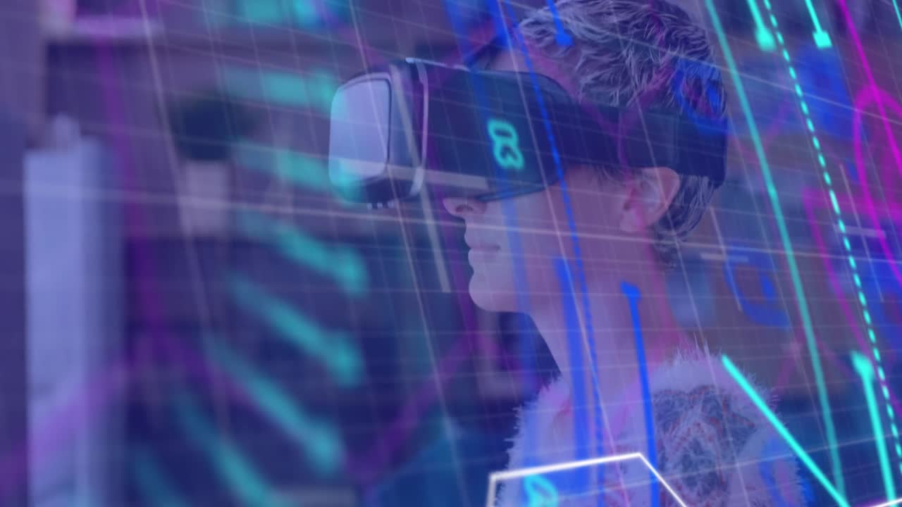 scanner a neon contro donna caucasica che indossa cuffie vr a casa