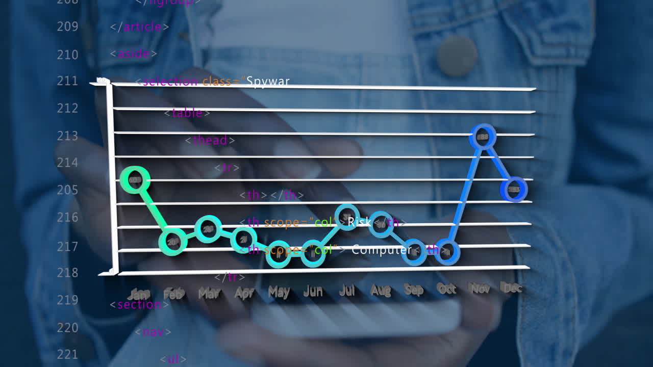 Using smartphone, person analyzing data trends with animation overlay in school
