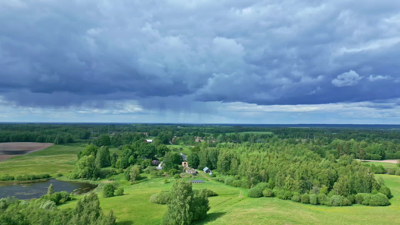 A magnificent bird's-eye view of a rich, leafy green forest and picture-perfect farms, complete with ponds