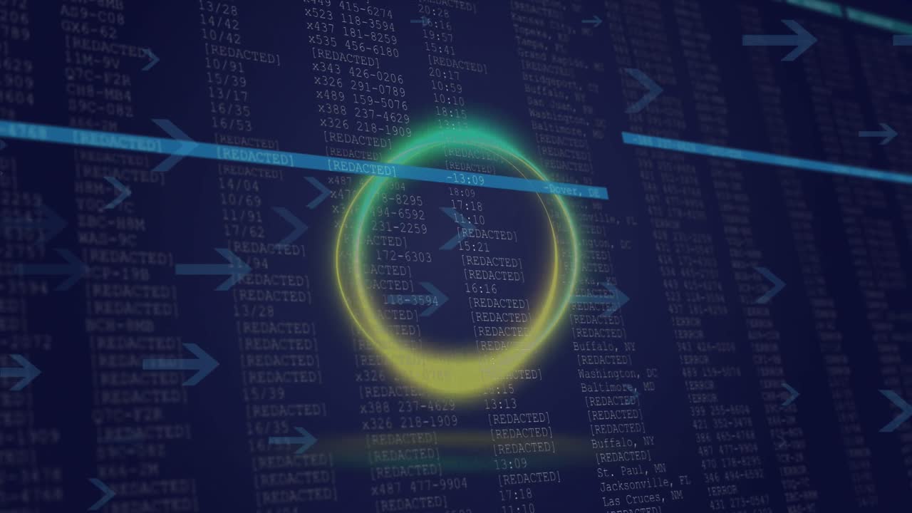 푸른 배경에 대한 데이터 처리에 대한 네온 모양과 화살표 아이콘의 애니메이션