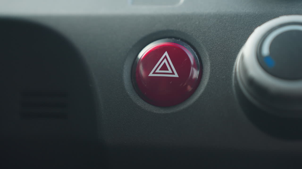 Close up of individual pressing red hazard warning button on car dashboard interior showing finger interaction with emergency control switch near climate dial in modern vehicle cabin