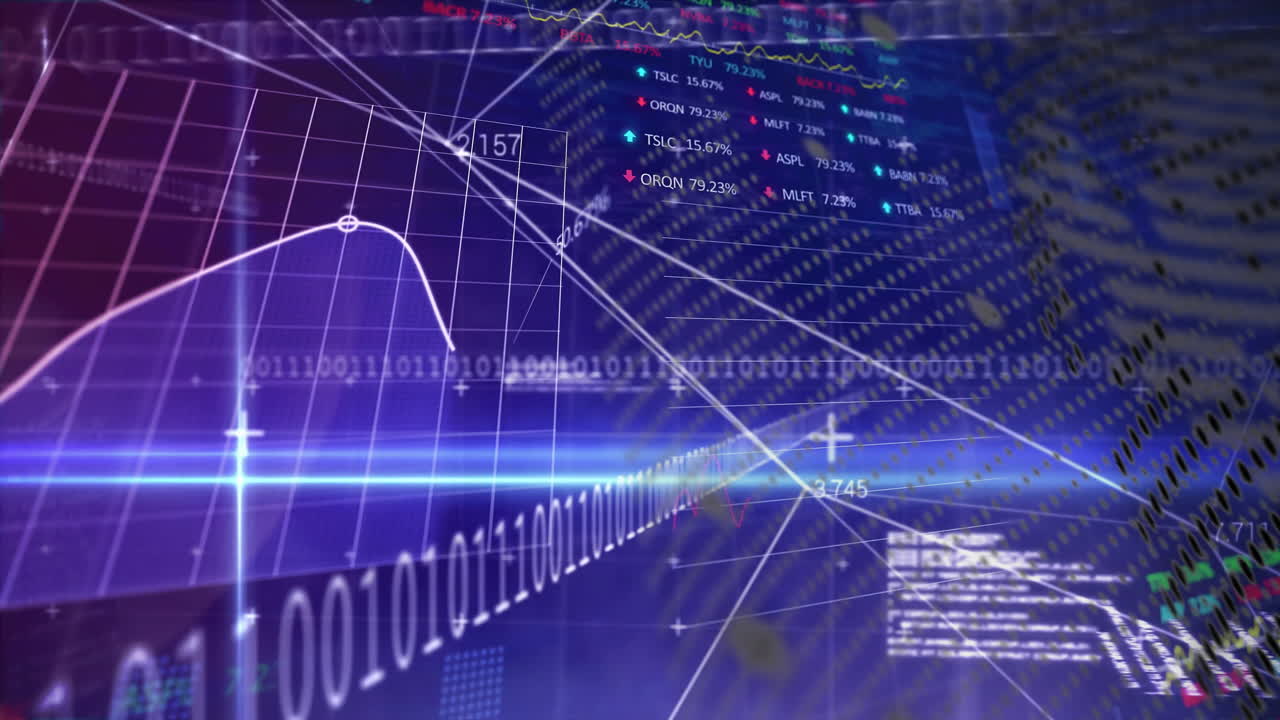 Binary code and financial graphs overlaying digital data processing animation