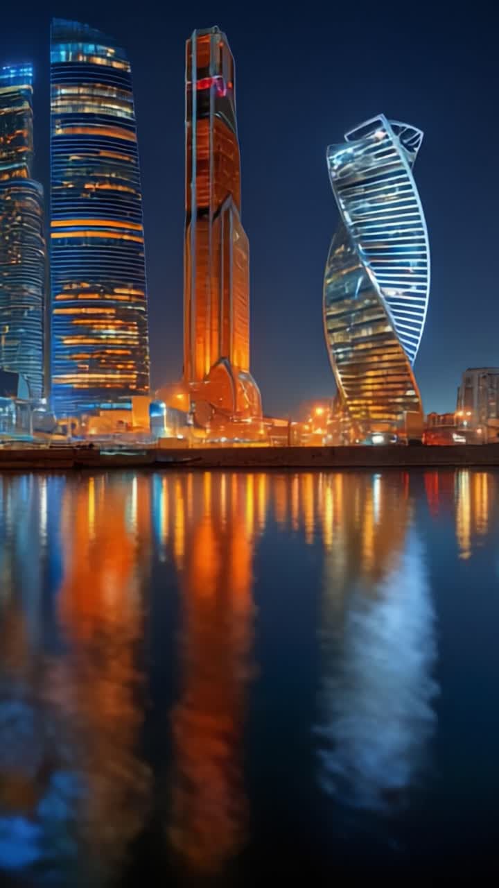A Mesmerizing Night View of Modern Skyscrapers Reflecting in the Calm Waters, Capturing the Beauty of Urban Architecture and City Lights in a Stunning Atmosphere