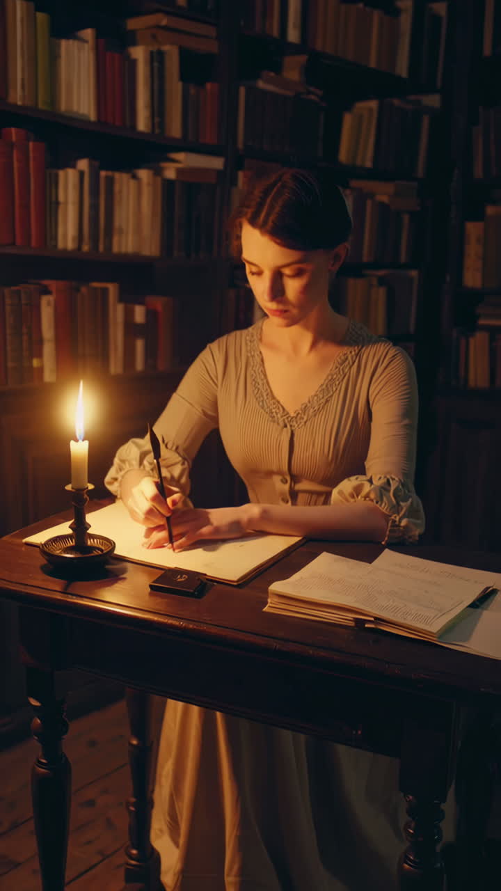 Woman Writing in a Victorian-Era Library