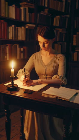 woman writing in a victorian-era library