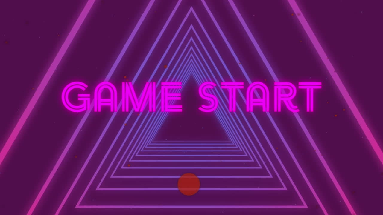 보라색 배경의 모양 위에 게임 시작 텍스트의 애니메이션