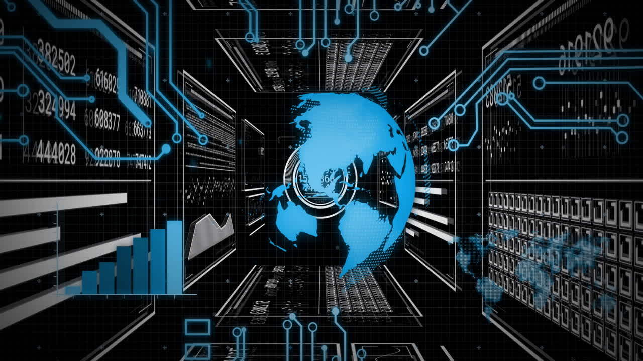 Mappa del mondo digitale e grafici di dati con animazione di interfaccia tecnologica futuristica