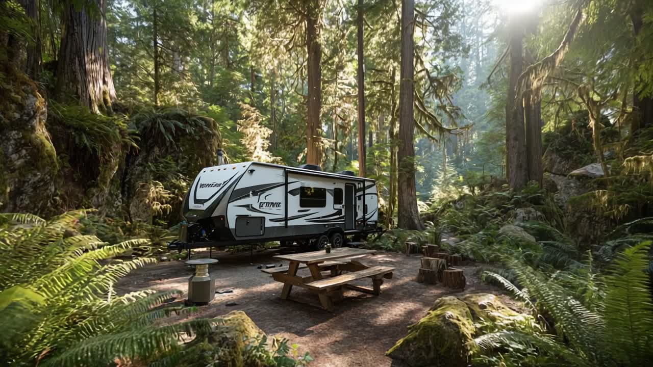 Esplorando la natura incontaminata: un camper moderno avvolto dalla vegetazione lussureggiante e dalla luce del sole in un sereno rifugio nella foresta.