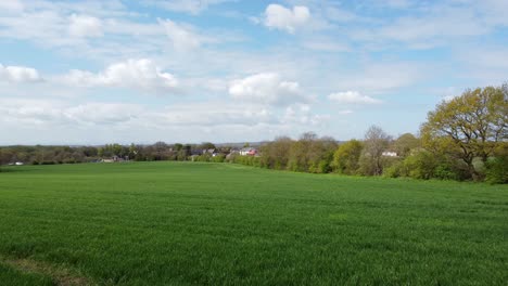 Aerial-view-rural-farmland-meadow-growing-crops-in-the-British-countryside,-Cheshire,-England