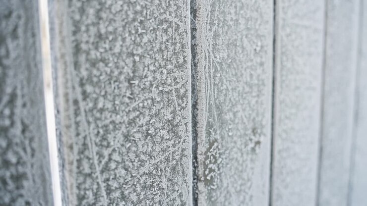 Close-up of a wooden fence covered with frost, showing icy texture and winter patterns on vertical planks in cold morning light, ideal as seasonal background b-roll