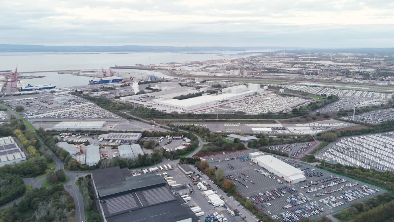 Aerial view of Royal Portbury Dock, showing its extensive dock infrastructure and proximity to the coast, outside Bristol UK
