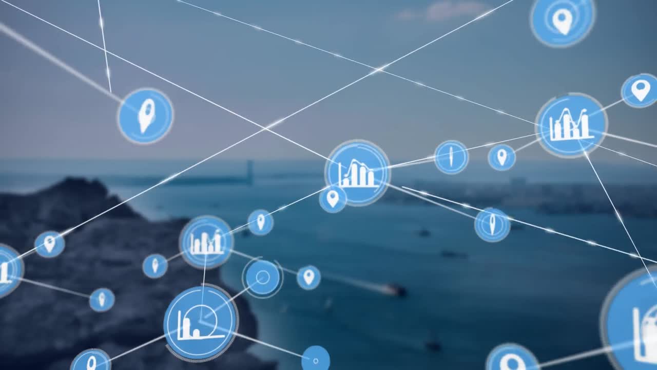 animación de una red de iconos digitales contra un paisaje con rocas y mar
