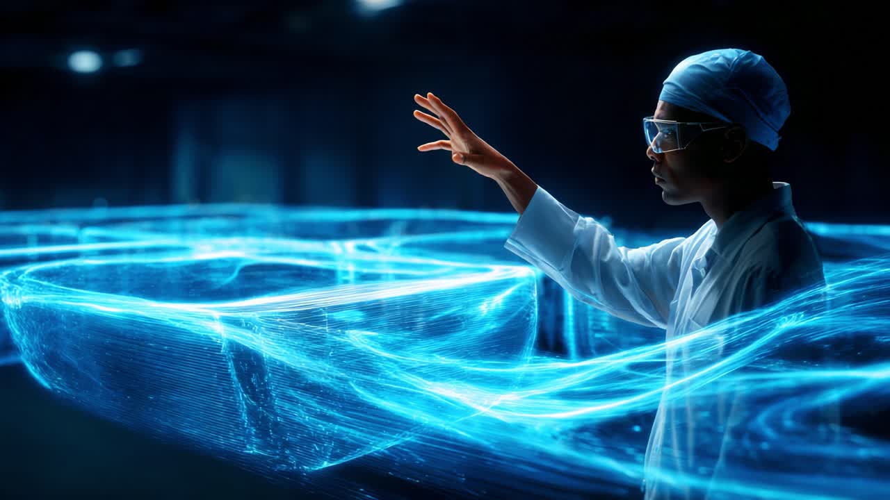 A scientist manipulates dynamic blue holographic waves in a dark laboratory, showcasing a blend of technology and innovative research in an environment filled with advanced digital effects