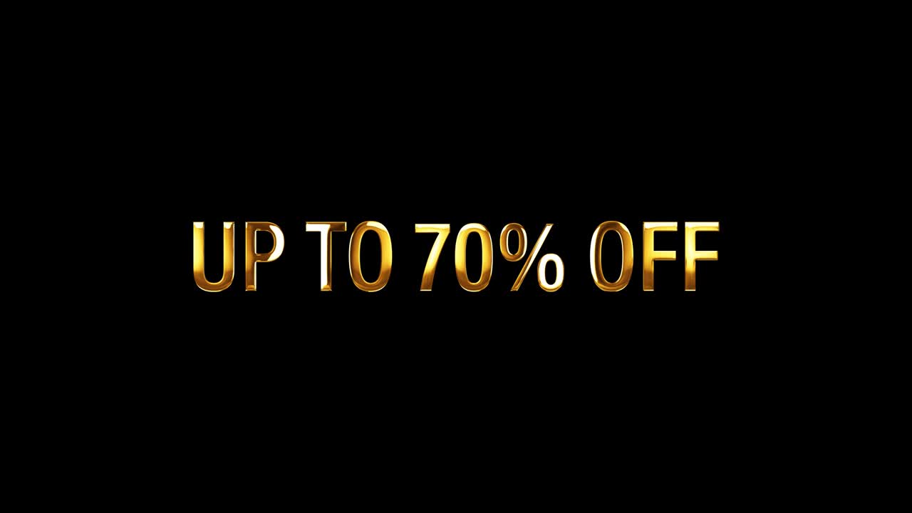 Animasi loop spanduk teks emas HINGGA 70% kata terisolasi menggunakan QuickTime Alpha Channel ProRes 4444. Rendering 3D 4K loop tanpa batas elemen efek isolasi kata HINGGA 70% untuk komposisi pada video Anda