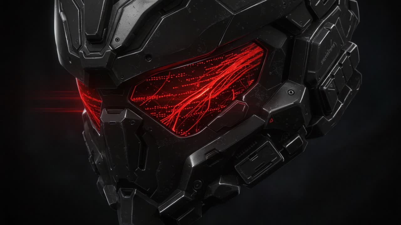 Intriguing Close-Up of a High-Tech Helmet Featuring Dynamic Red Light Effects, Showcasing a Futuristic Design and Enhanced Visual Elements for an Immersive Experience