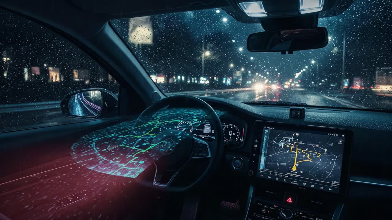 Futuristic Car Dashboard Displaying Navigation and Route Planning with High-Tech Augmented Reality Features in a Rainy Night Setting