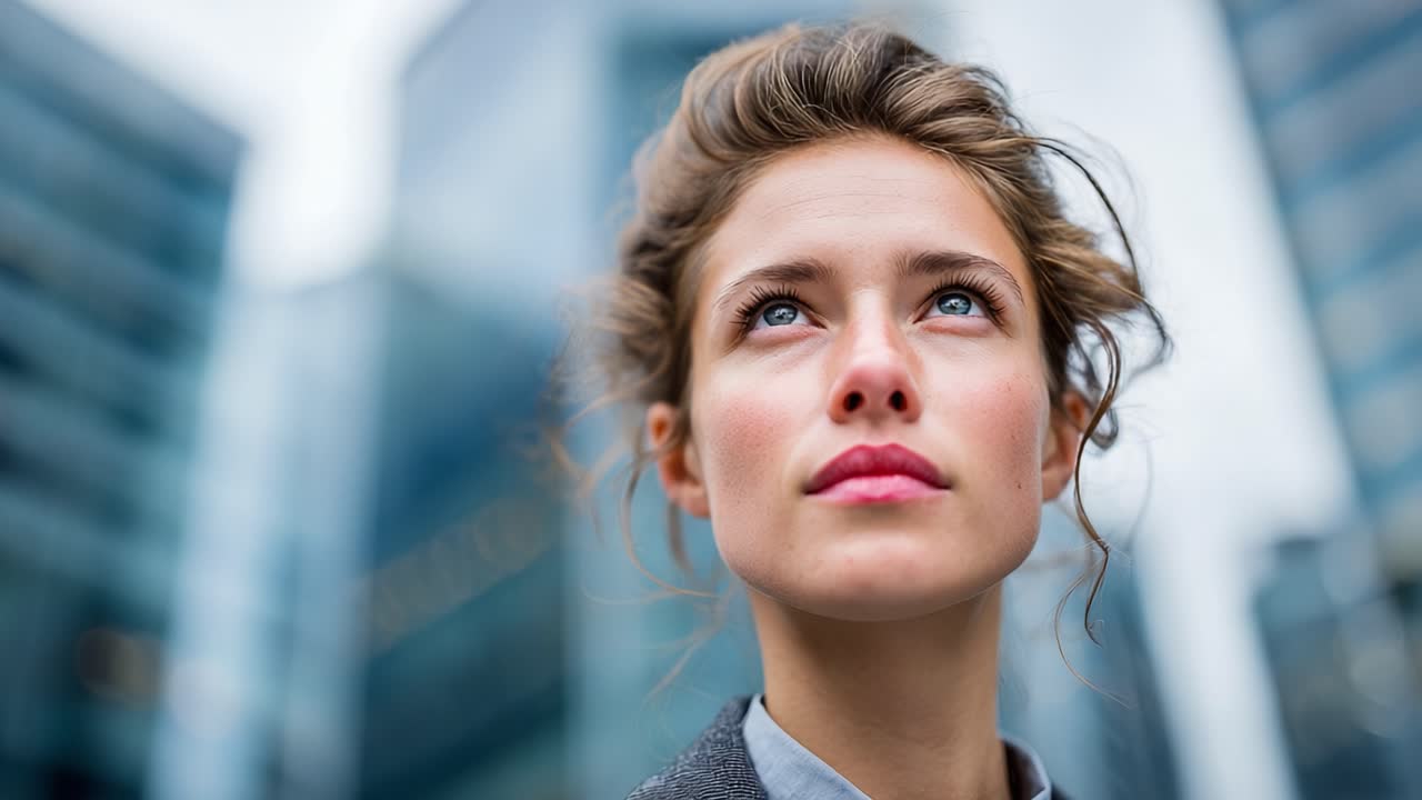 A young woman gazing upward with determination against a backdrop of modern architecture, capturing a moment of reflection and aspiration in an urban environment