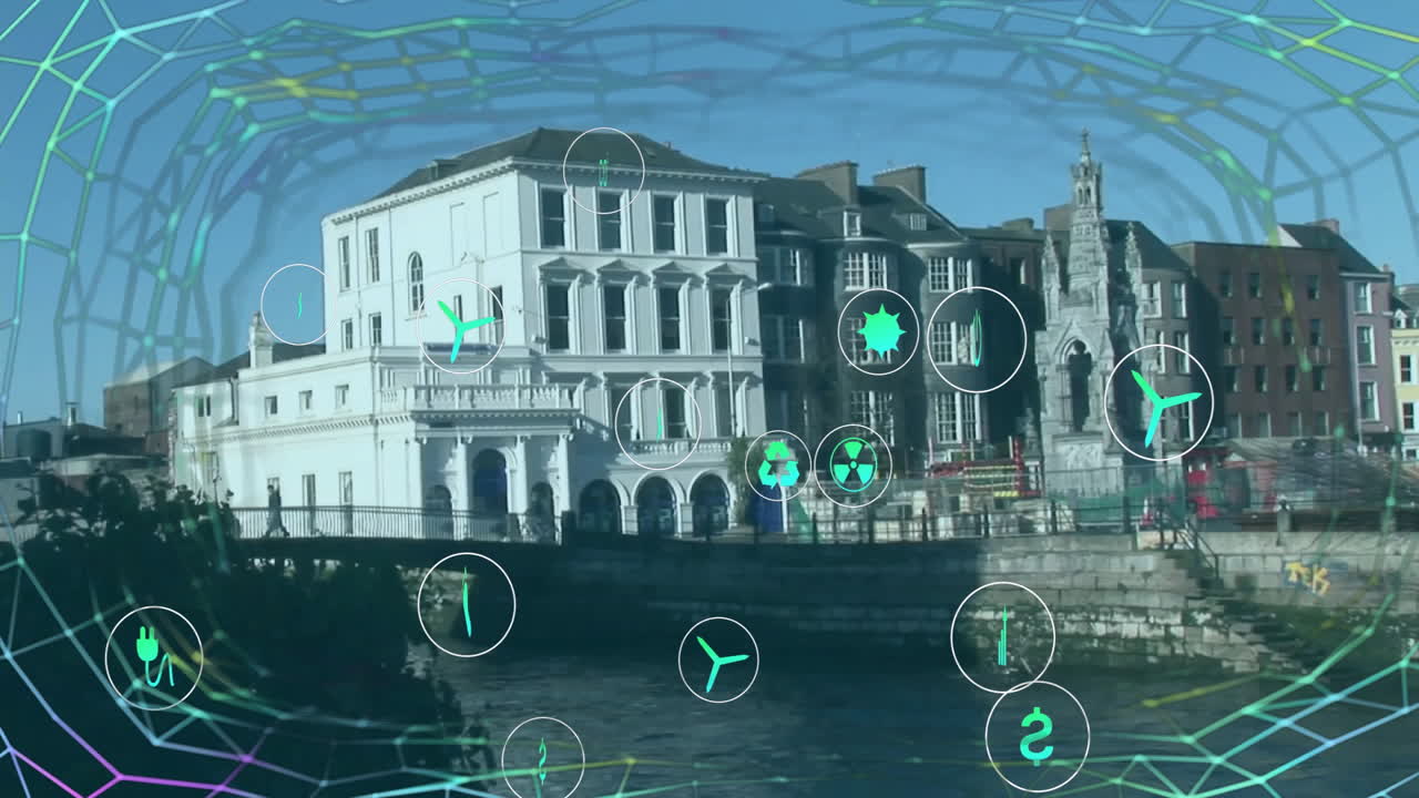 Animating smart city icons over historic buildings and waterfront