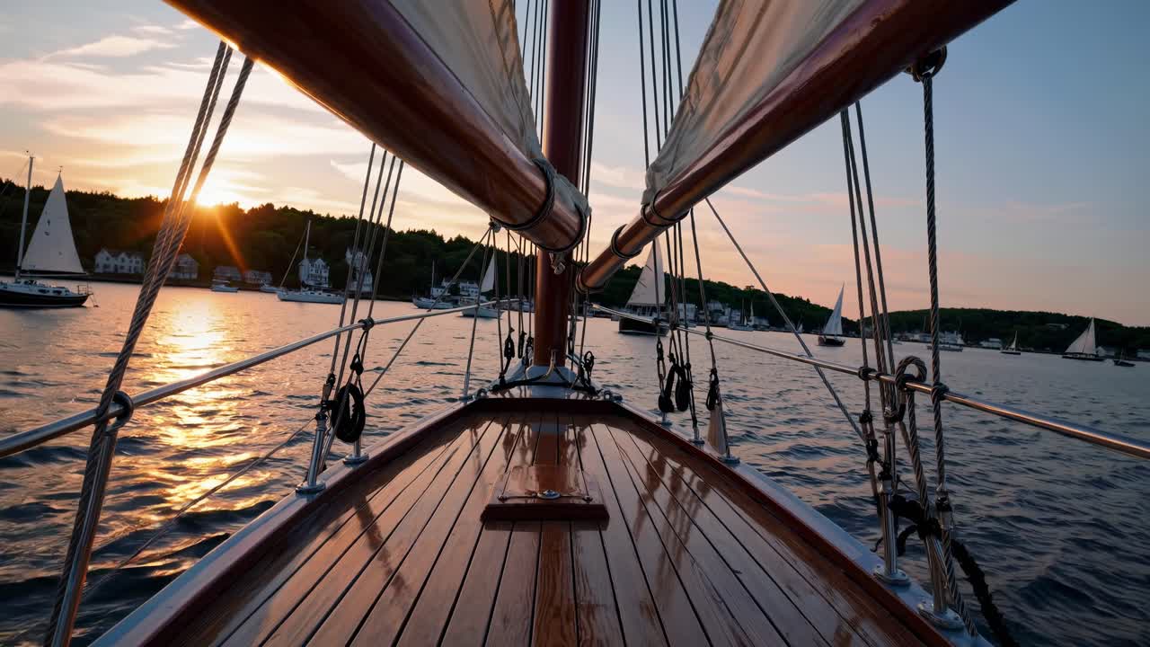 Video captures a serene sunset from a low-angle view on a sailboat deck, highlighting the wooden