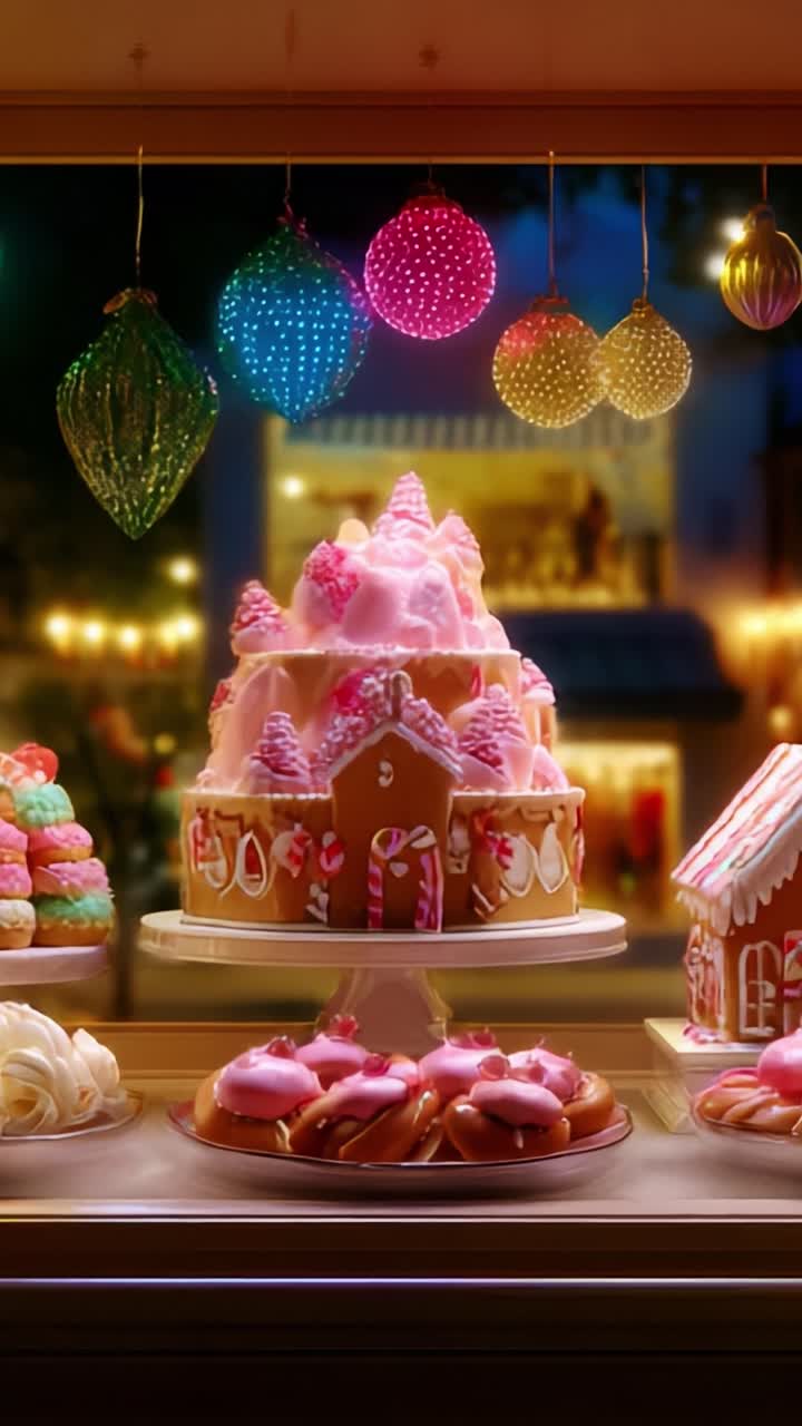 A delightful display of festive treats featuring a beautifully decorated cake with pink frosting topped with edible ornaments and surrounded by colorful sweets in a cozy holiday window setting