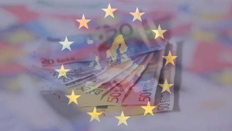 Animation-of-flag-of-european-union,-euros-and-financial-data-processing