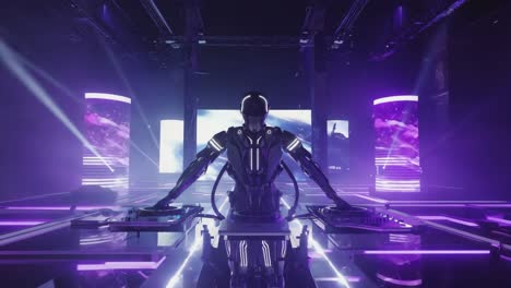 robot dj performing in neon lit club