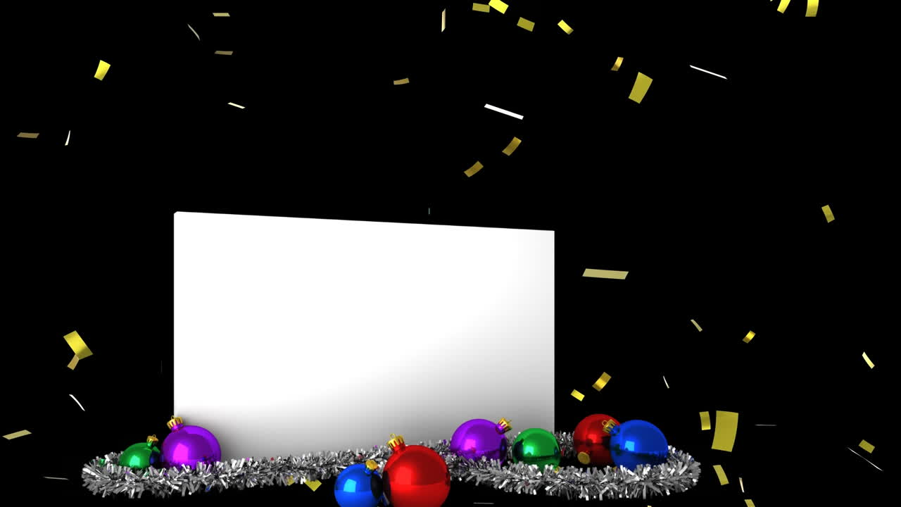 confeti cayendo sobre papel en blanco y decoración de bolas de navidad