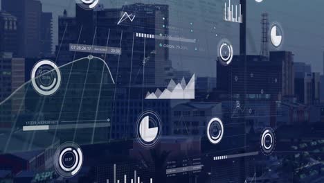 Animation-of-multiple-graphs,-trading-boards,-loading-circle-and-bars-over-modern-city-against-sky