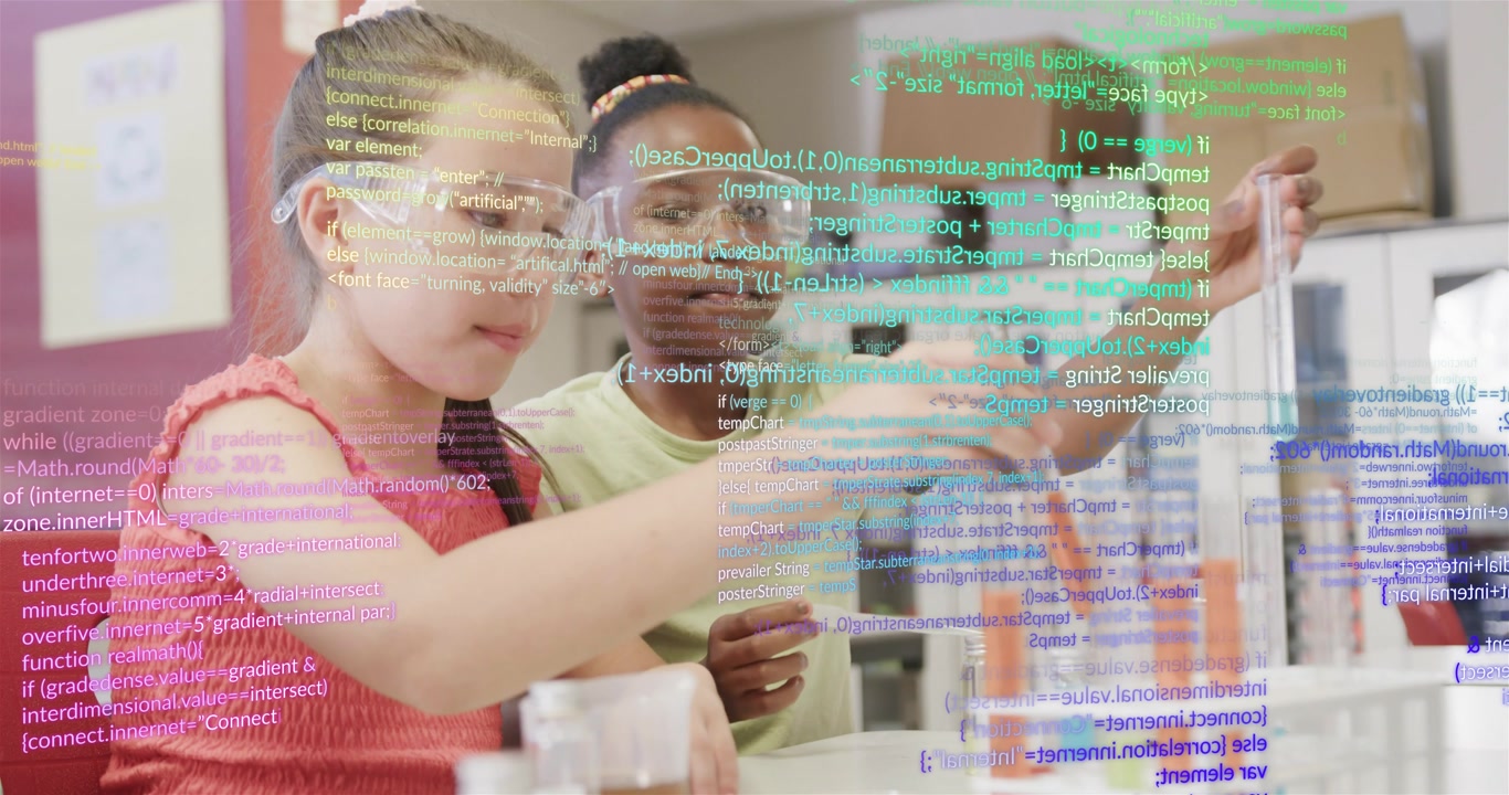 Young Girls Experimenting in Science Lab with Digital Code Overlay