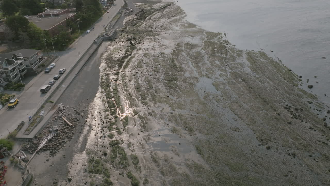 sobrevuelo aéreo de playas fangosas con pequeños riachuelos de agua en alki point seattle, washington