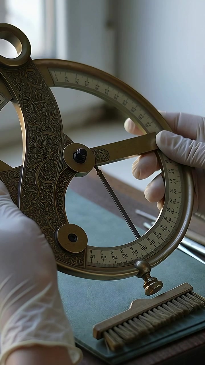 Vertical video: Entering frame gloved restorer's hands rotating index arm for inspection at window