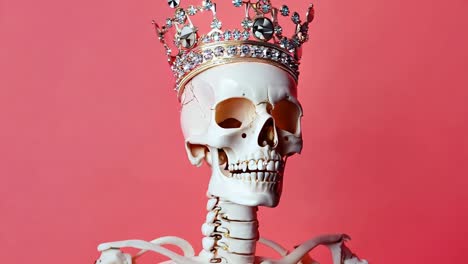 a skeleton wearing a crown on a pink background