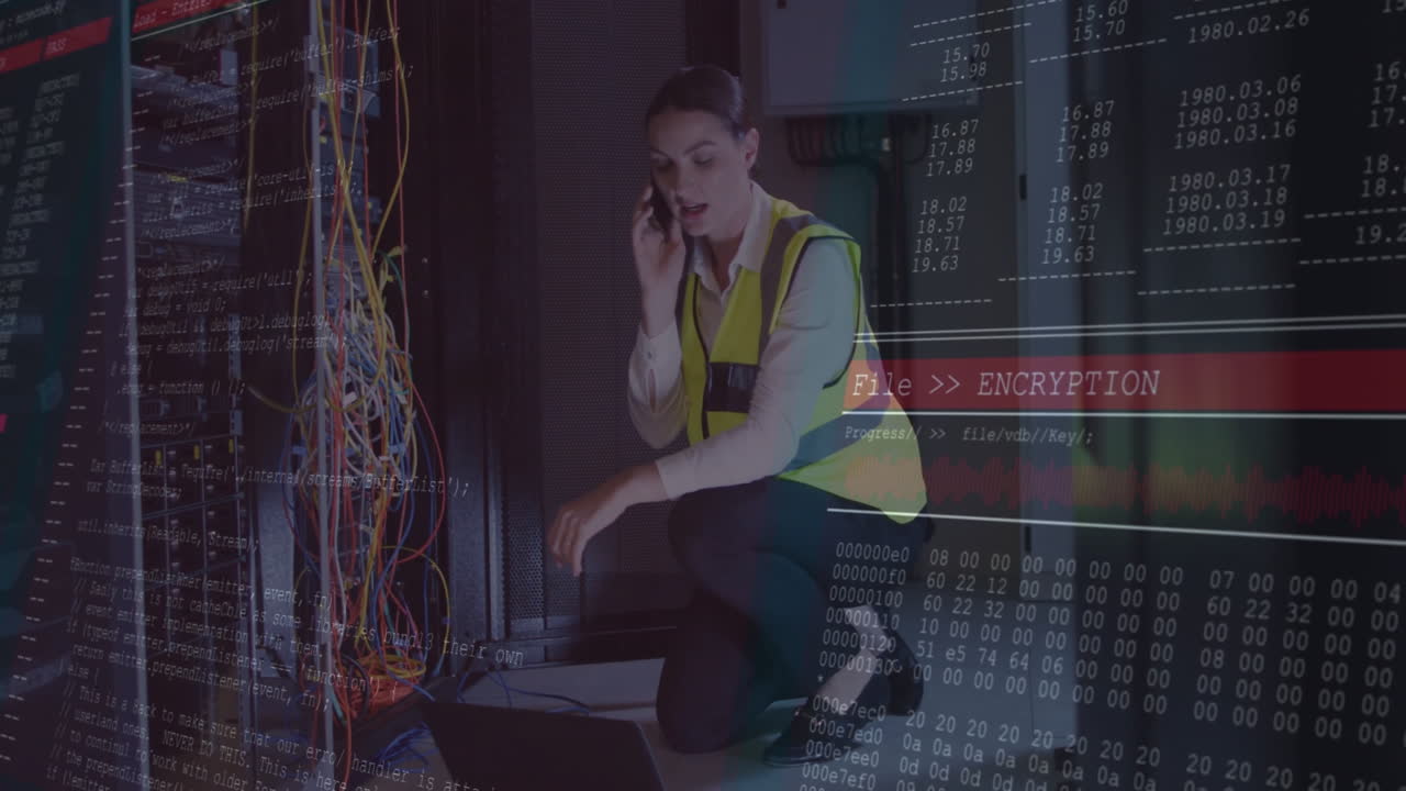 In server room, technician on phone with animation of encryption data
