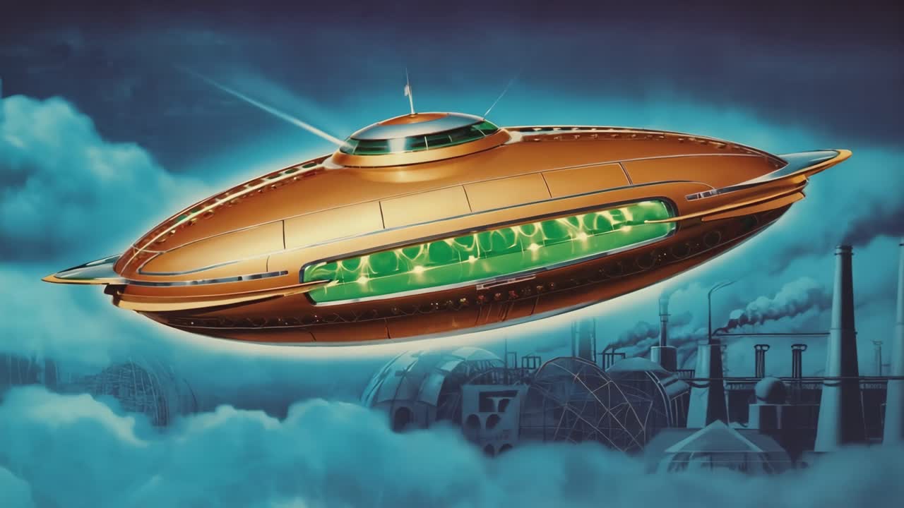 Vintage Futuristic Flying Saucer Over Industrial City