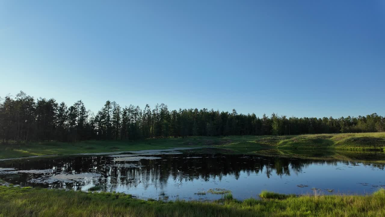 la luz dorada arroja un resplandor sereno sobre las aguas tranquilas, reflejando la exuberante vegetación y el ambiente pacífico del desierto prístino de yakutia al anochecer.
