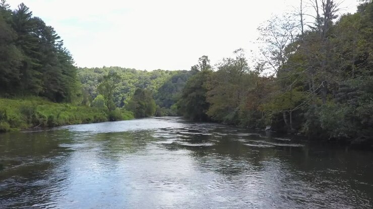 Aerial shot of the New River as it flows through Ashe County, North Carolina