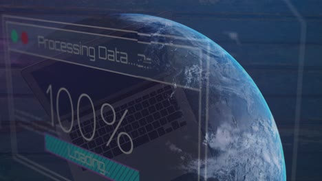 Animación-De-La-Interfaz-Con-Procesamiento-De-Datos-Sobre-El-Globo-Contra-Una-Computadora-Portátil-Y-Un-Mouse-Sobre-Una-Superficie-De-Madera