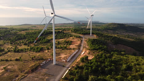 Aerial,-wind-turbines-that-are-not-spinning-on-a-hill