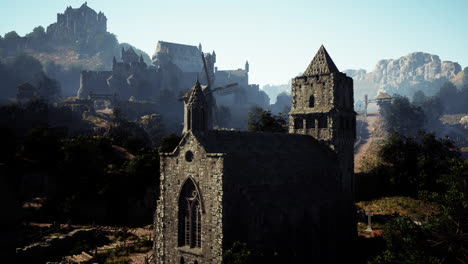 medieval village landscape with castle and church