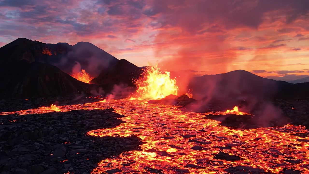 Maestoso flusso di lava al tramonto: uno spettacolo mozzafiato della potenza e bellezza della natura, con eruzioni infuocate che illuminano il cielo che si oscura e le colline circostanti.