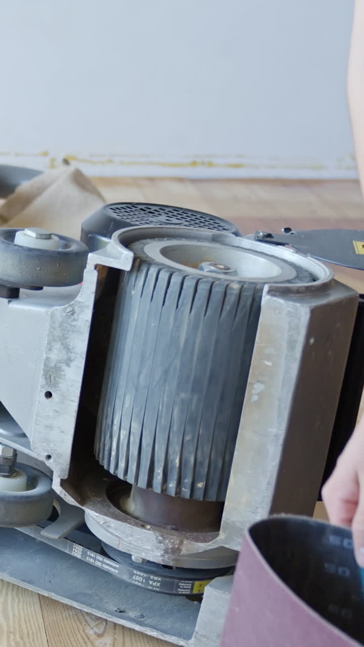 Replacing sanding paper roll of industrial machine, vertical view