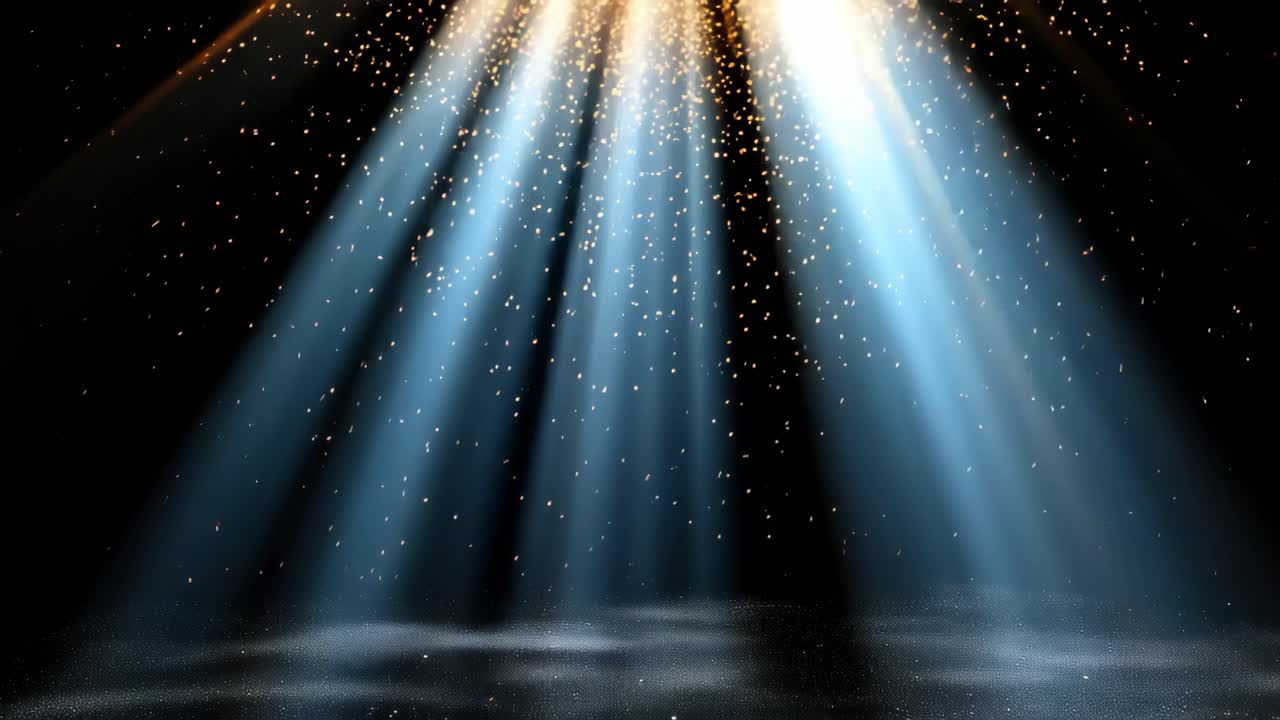 A captivating video scene with a low-angle view of ethereal light beams and sparkling particles