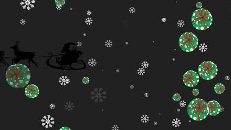 Animation-of-santa-claus-in-sleigh-with-reindeer-over-snowflakes-on-black-background