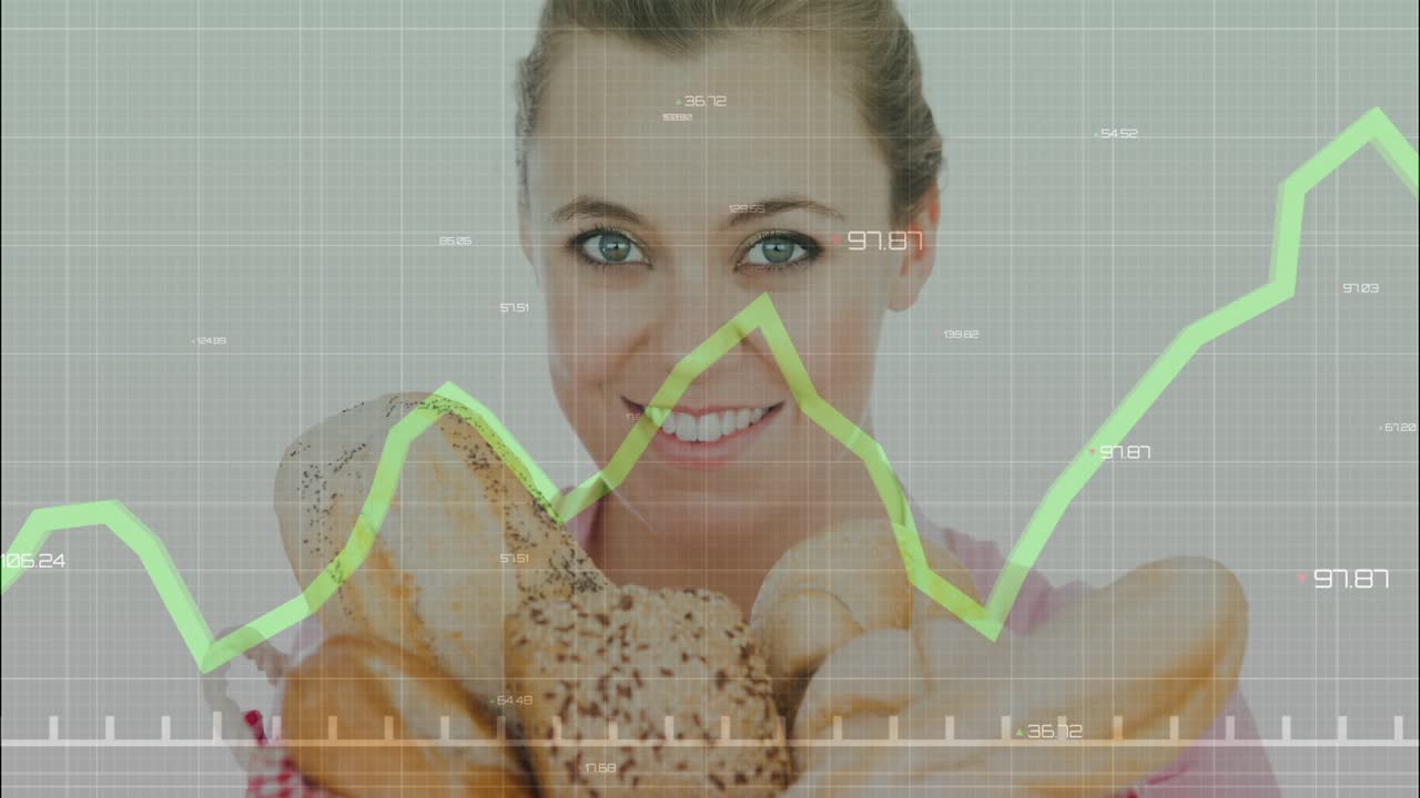 On play woman presenting breads to camera, green chart crossing tray and face showing bakery sales